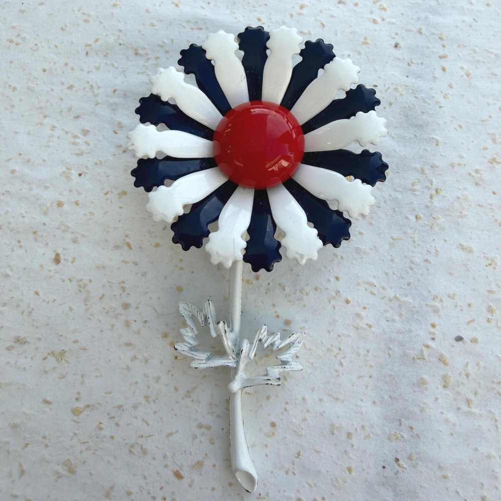 Vintage 60s Flower Power Brooch Red White Blue Enamel Daisy Pin Patriotic 3.5"